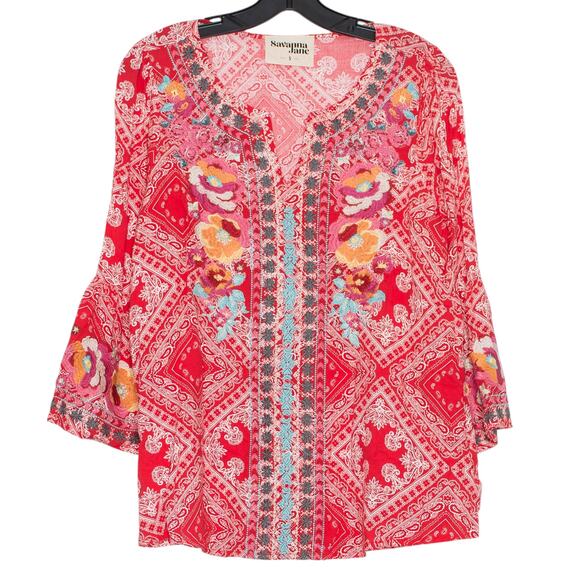 Savanna Jane Tunic Top Boho Romantic Embroidered Bell Sleeve Floral Red Small - Picture 1 of 6